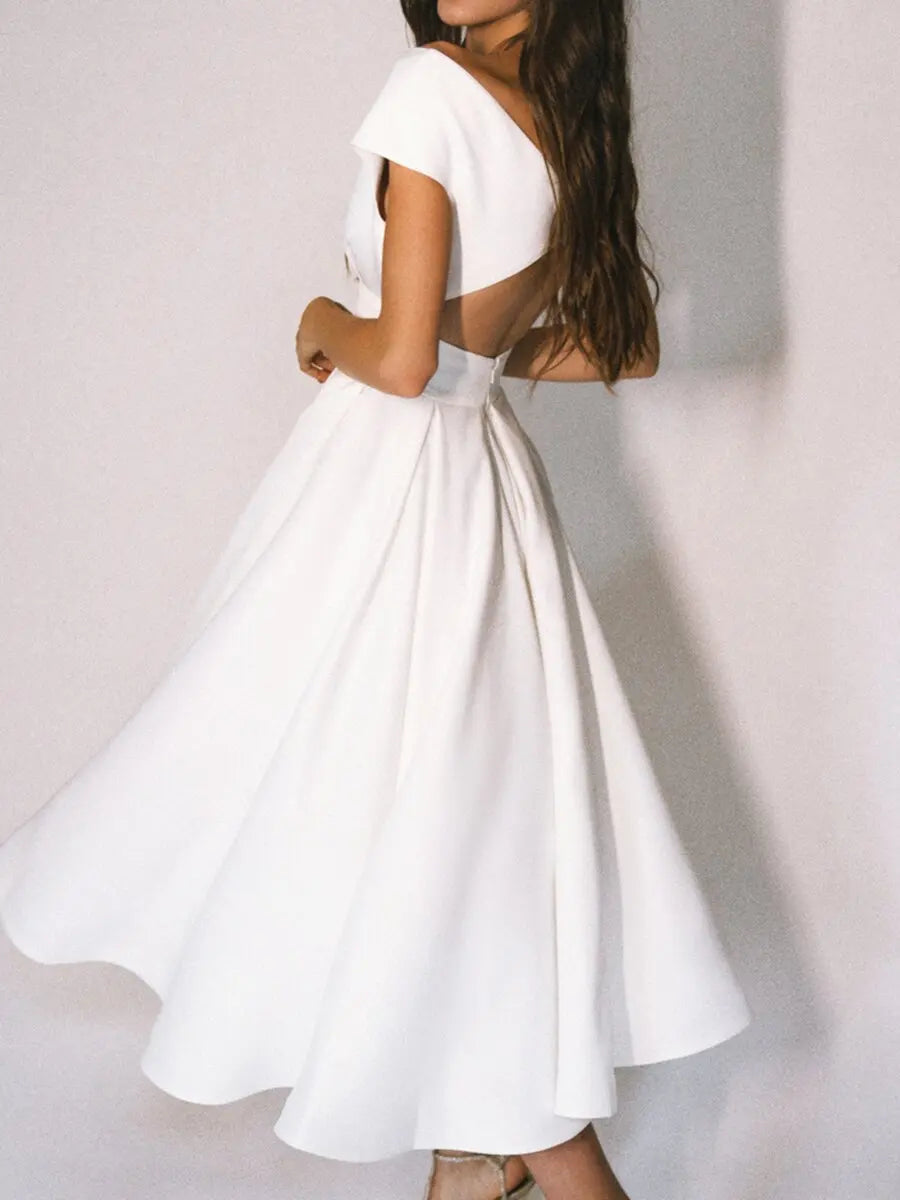 Elegant Dresses for women autumn Sexy White Dress Hollow Chiffon Short Sleeve V-Neck Long Dress