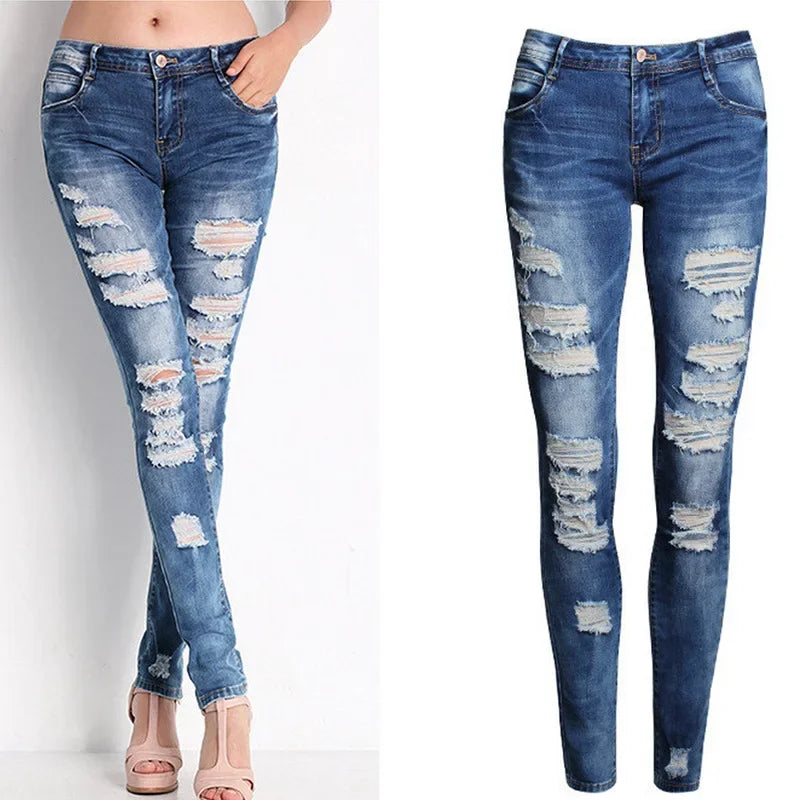 HOLE Denim Women 2024 High Waist Ripped Jeans for Women Skinny Black Pockets Jeans Woman Elastic Slim Jean Female Femme Pants