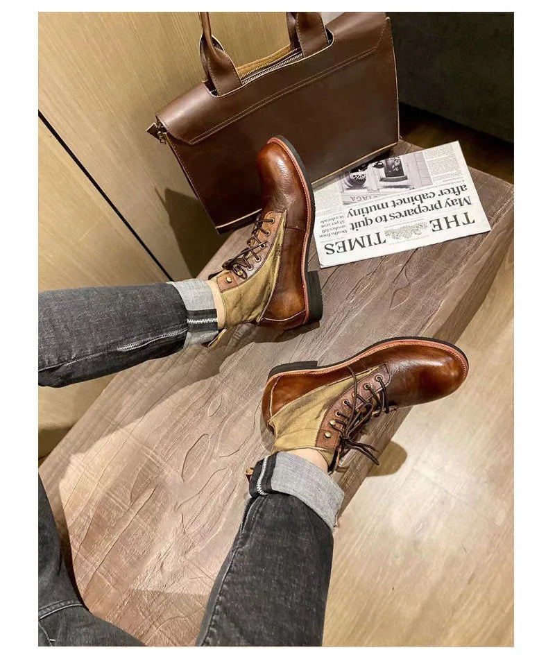Bottes marron neuves pour hommes, bottes courtes noires faites à la main pour hommes, bottines à bout rond, bottines de moto, bottes de combat