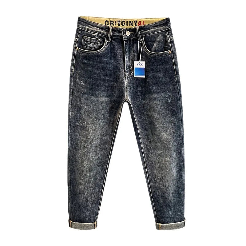 Imitation vieux jean pour homme, broderie haut de gamme, tendance, pantalon pour homme, ample, extensible, slim, jambe droite, denim