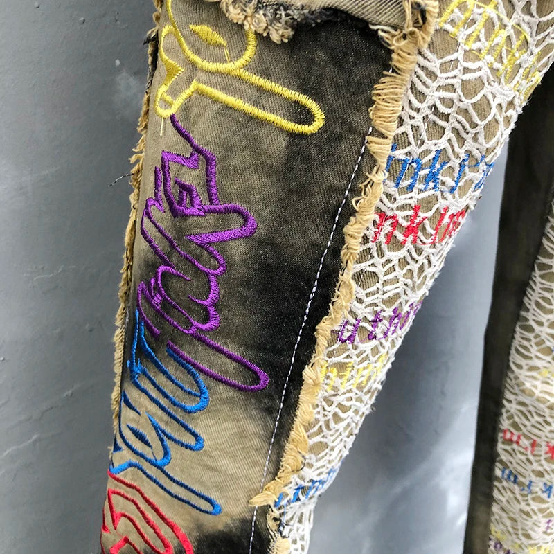 Men Letter Embroidery Splicing Jeans Small Straight Slim Fit Jean For Men Punk Motorcycle Pants Jean Homme Hip Hop Jeans Hombre