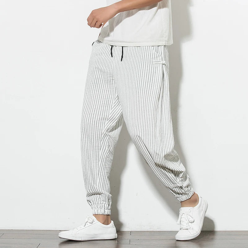 Pantalon sarouel d'été à rayures fines de style japonais pour hommes, en coton, à la mode, avec boucle à disque, respirant, en lin, grande taille 5XL