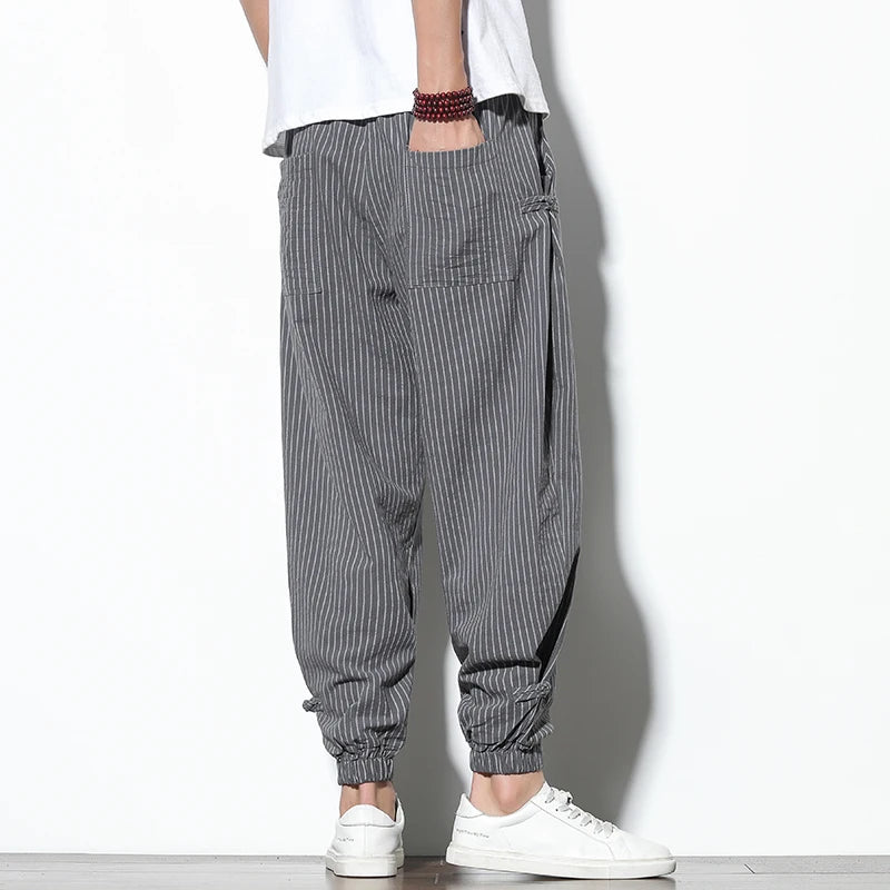Pantalon sarouel d'été à rayures fines de style japonais pour hommes, en coton, à la mode, avec boucle à disque, respirant, en lin, grande taille 5XL