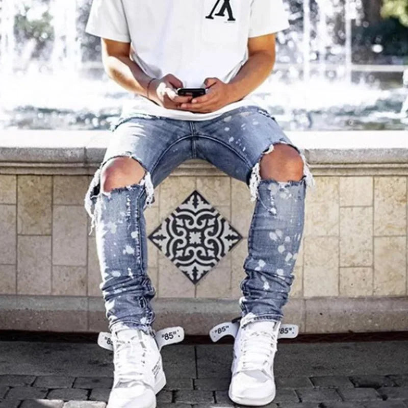 Jeans For Men 2022 Gradient Color Ripped White Dots Jeans Male Motor Biker Skinny Jeans Homme Men's Clothing Zipper Denim Pants