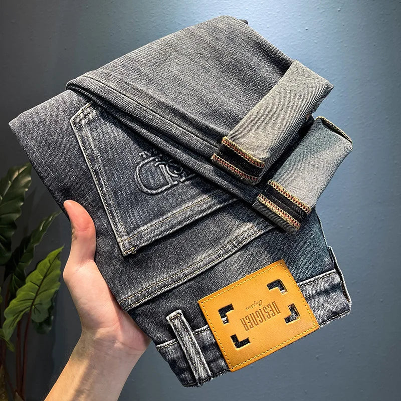 Imitation vieux jean pour homme, broderie haut de gamme, tendance, pantalon pour homme, ample, extensible, slim, jambe droite, denim