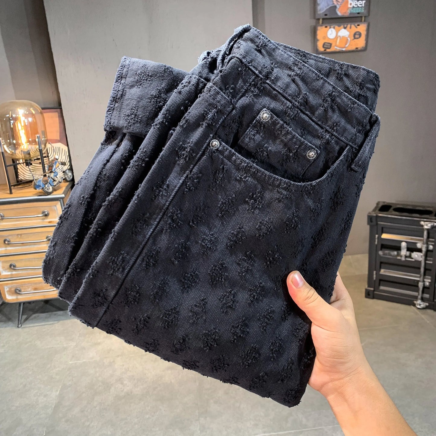 Jean jacquard noir américain pour homme, déchiré, délavé, coupe ample, décontracté