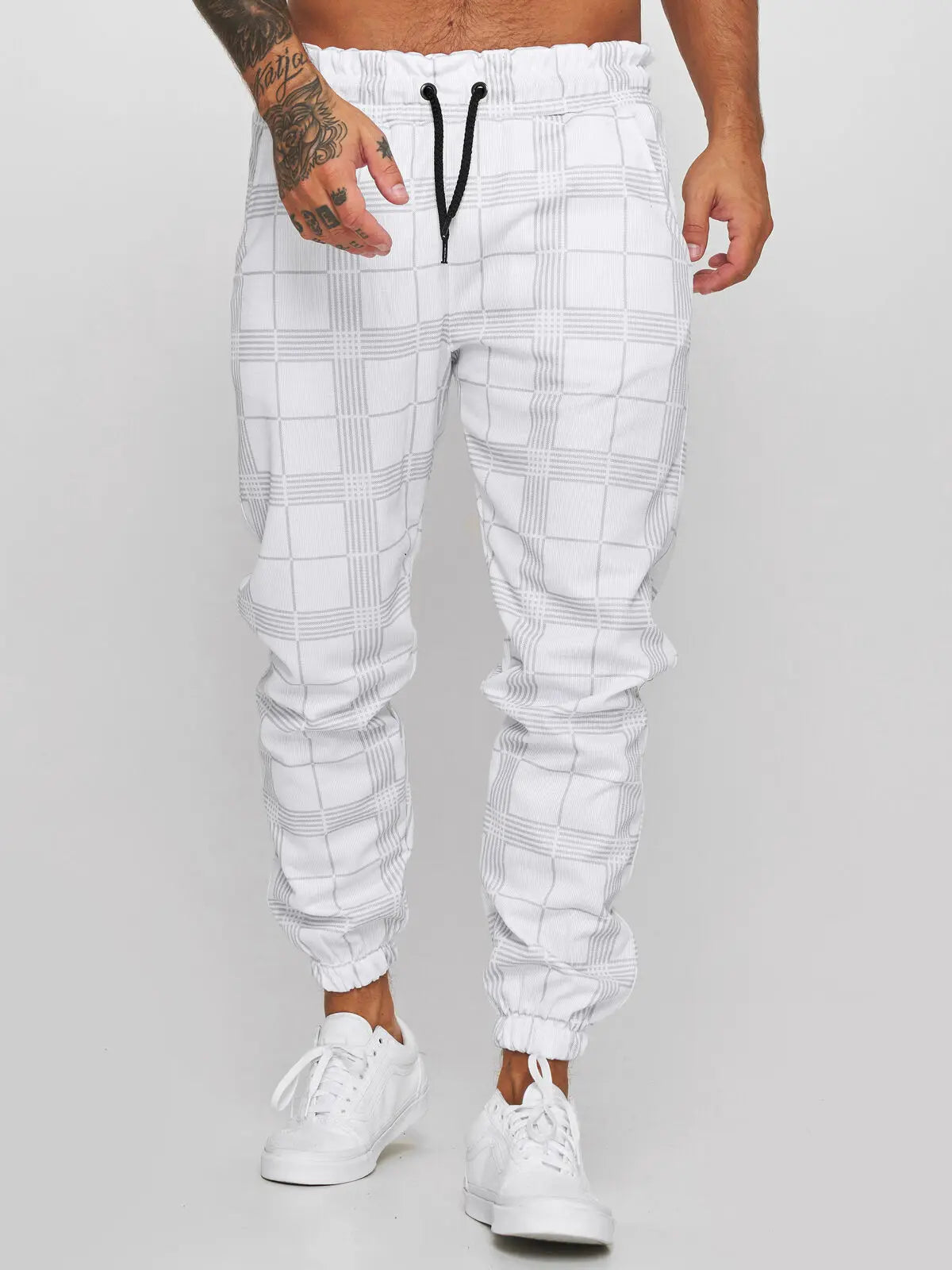 Pantalon de jogging à carreaux blancs pour homme, style streetwear, décontracté, vintage, droit, long