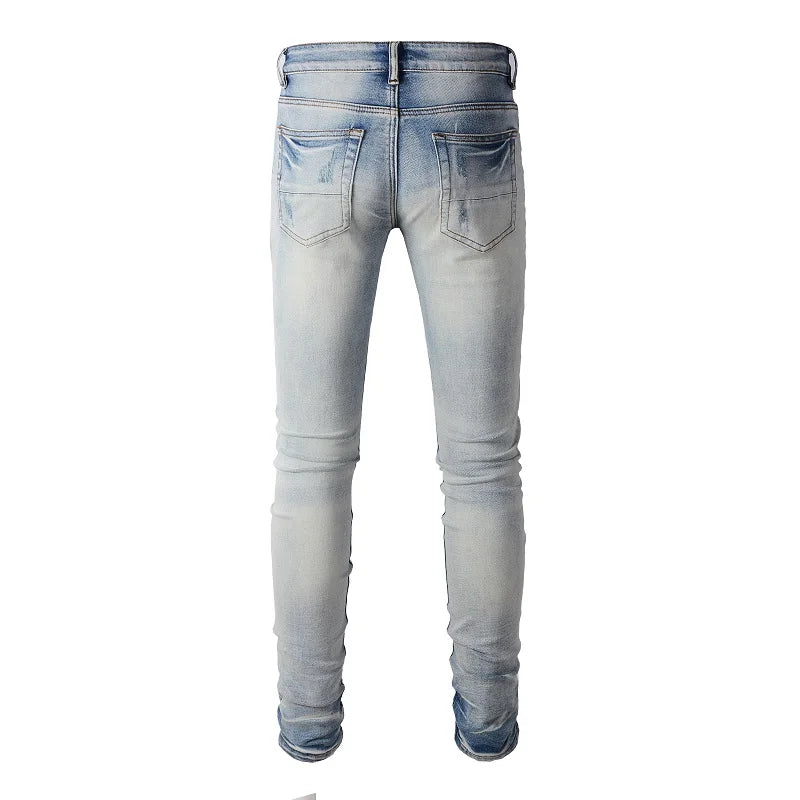 Men Leather Pleated Patches Biker Jeans Streetwear Skinny Tapered High Stretch Denim Pants Holes Ripped Distressed Trousers