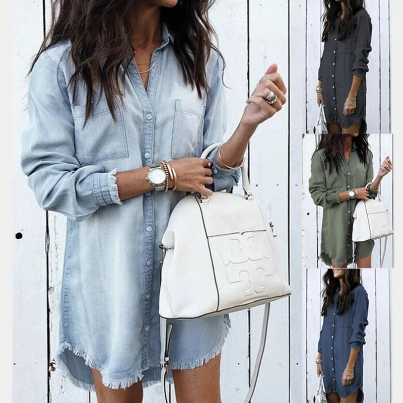 Summer Y2k Women Denim Shirt Dress Vintage Blue Jean Blouses Casual Long Sleeve Ladies Tops Blouse Femme Mini Dress Short Dresse