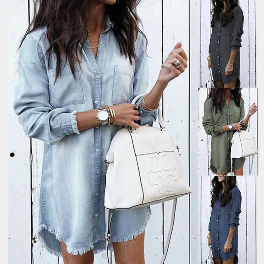 Summer Y2k Women Denim Shirt Dress Vintage Blue Jean Blouses Casual Long Sleeve Ladies Tops Blouse Femme Mini Dress Short Dresse