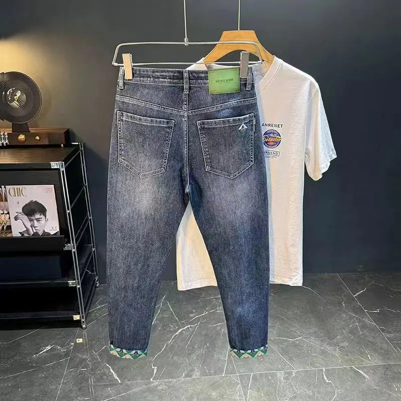 Korean Fashion Summer Jeans New Men's Embroidered Pocket Zipper Washed Streetwear Vintage Casual Elastic Slim Straight Pants