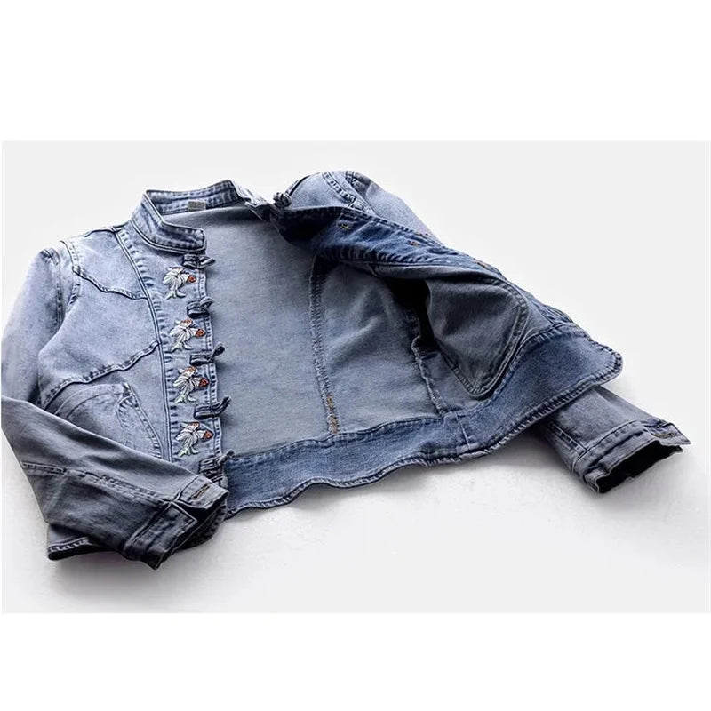 Women's Denim Jacket 2024 Spring Autumn Streetwear Long Sleeve Embroidery Ladies Jean Jackets Loose Short Outwear Femme