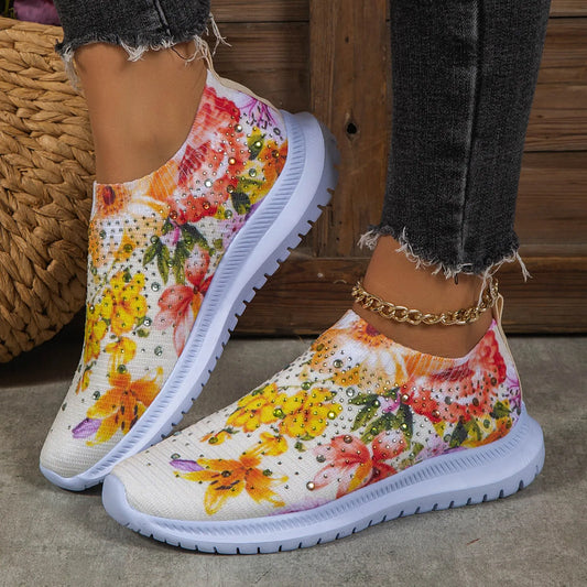 Chaussures vulcanisées décontractées pour femmes, baskets de course à pied, respirantes, à la mode, avec strass et fleurs, idéales pour la randonnée en plein air