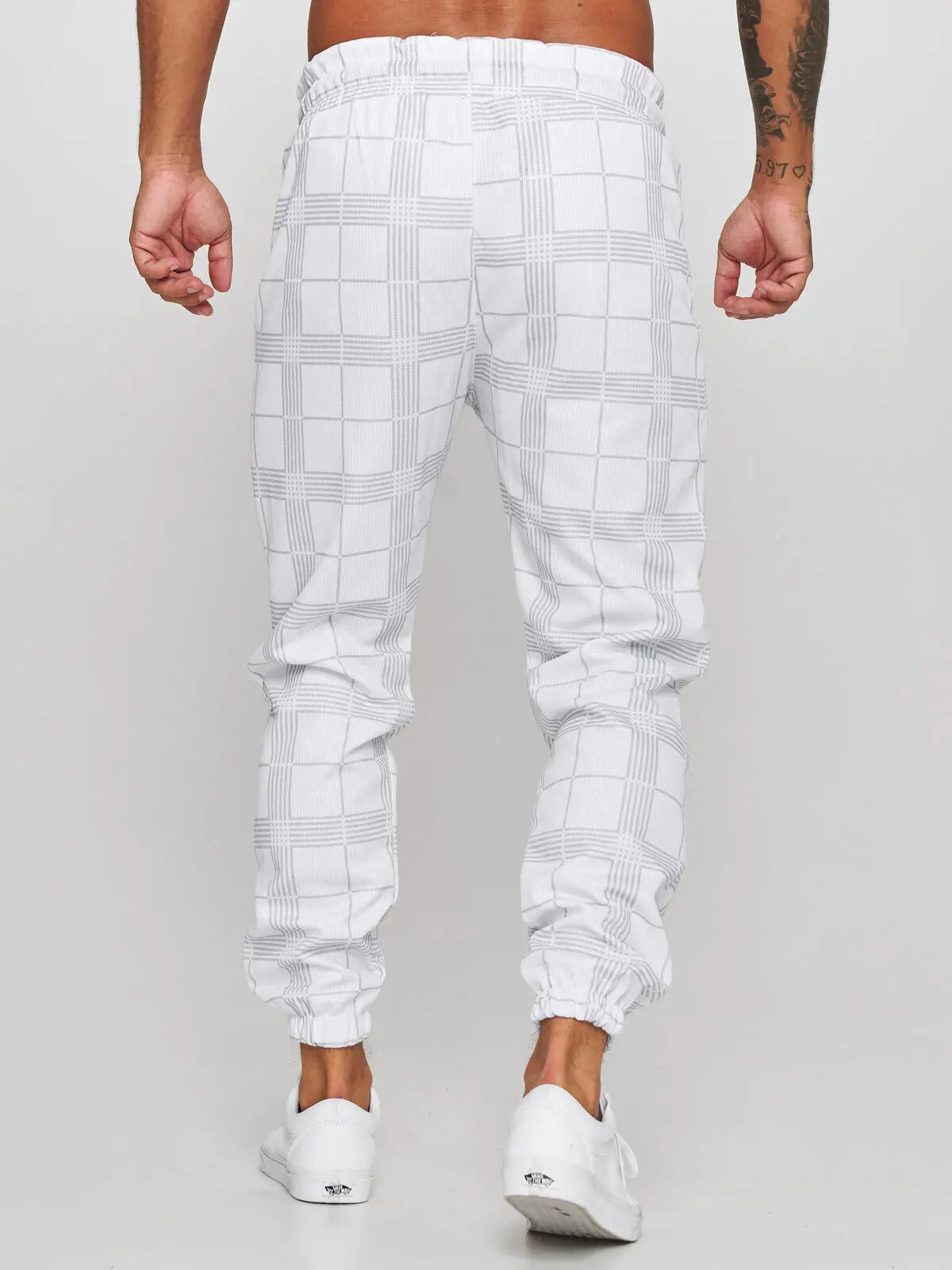 Pantalon de jogging à carreaux blancs pour homme, style streetwear, décontracté, vintage, droit, long