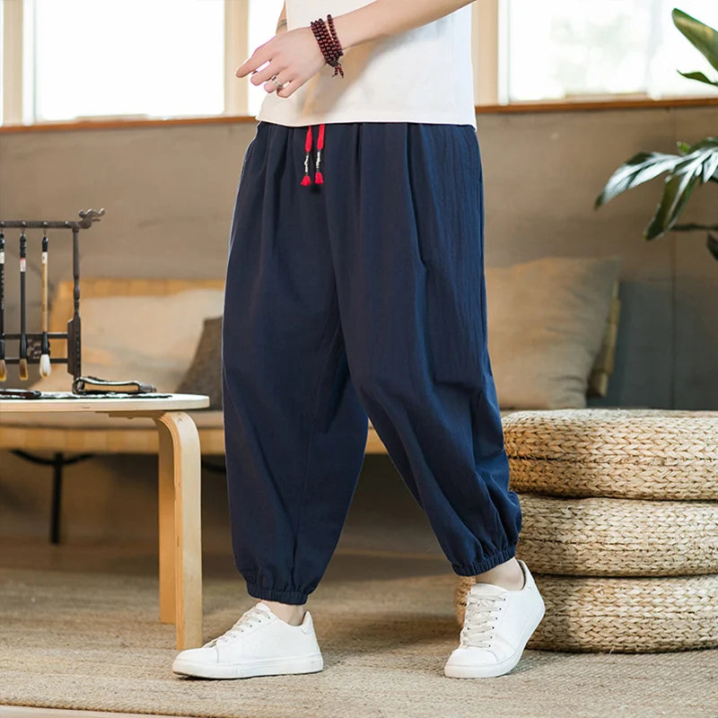 Pantalons en coton et chanvre pour hommes, taille M à 5XL, printemps et automne 2025, nouveaux pantalons lanternes amples à cordon de serrage, pantalons Haren, pantalons décontractés japonais