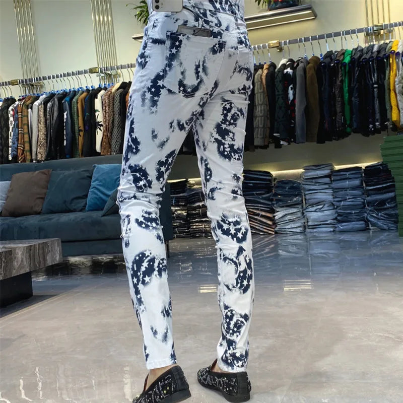 Trendy Men's Slim Fit Jeans Personalized Print Street Elastic Men's Pant Pantalon Homme Punk Denim Long Pants Hip Hop Jeans