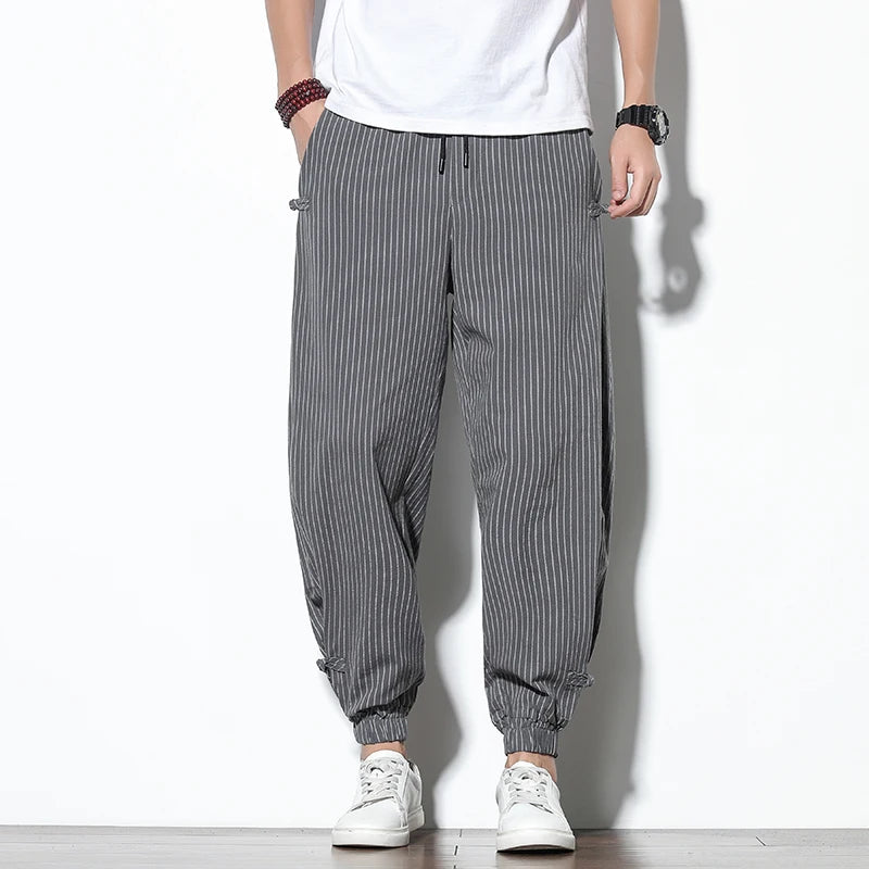 Pantalon sarouel d'été à rayures fines de style japonais pour hommes, en coton, à la mode, avec boucle à disque, respirant, en lin, grande taille 5XL