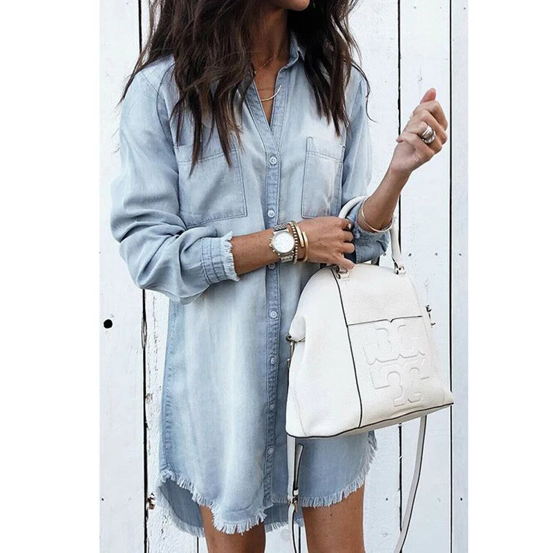 Summer Y2k Women Denim Shirt Dress Vintage Blue Jean Blouses Casual Long Sleeve Ladies Tops Blouse Femme Mini Dress Short Dresse