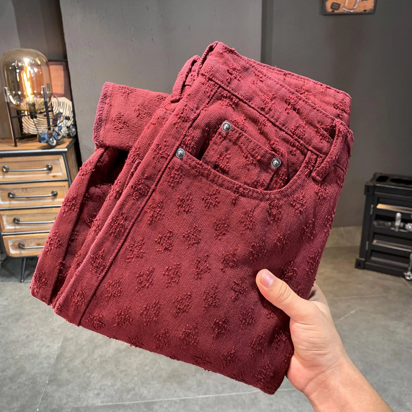 Jean jacquard noir américain pour homme, déchiré, délavé, coupe ample, décontracté