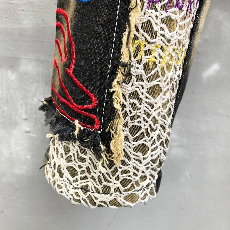 Men Letter Embroidery Splicing Jeans Small Straight Slim Fit Jean For Men Punk Motorcycle Pants Jean Homme Hip Hop Jeans Hombre