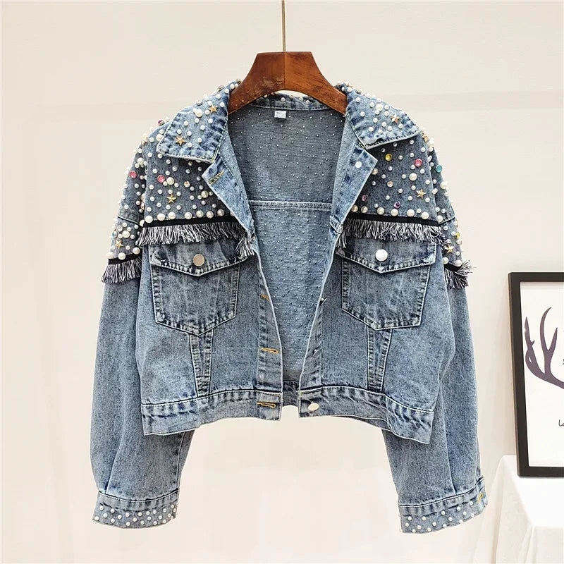 2024 New Mujer Spring Autumn Streetwear Denim Jacket Women Hand-studded Pearls Punk Tassel Veste Femme Loose Short Jeans Coats