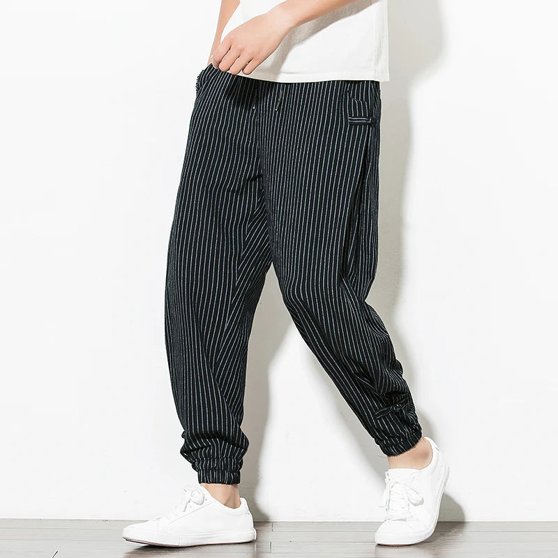 Pantalon sarouel d'été à rayures fines de style japonais pour hommes, en coton, à la mode, avec boucle à disque, respirant, en lin, grande taille 5XL