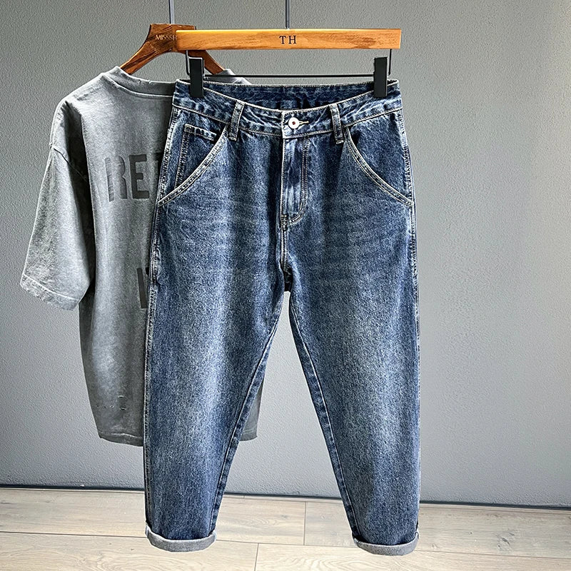 Men's Jeans Streetwear Fashion Tapered Pants Blue Casual Personality Vintage Male Clothing Slim Denim Trousers Brands