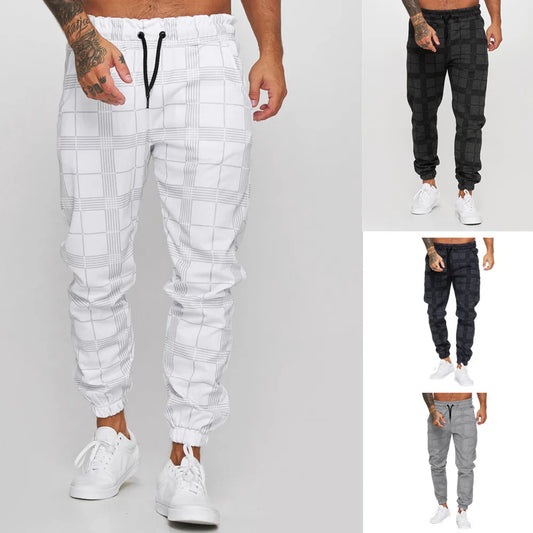 Pantalon de jogging à carreaux blancs pour homme, style streetwear, décontracté, vintage, droit, long