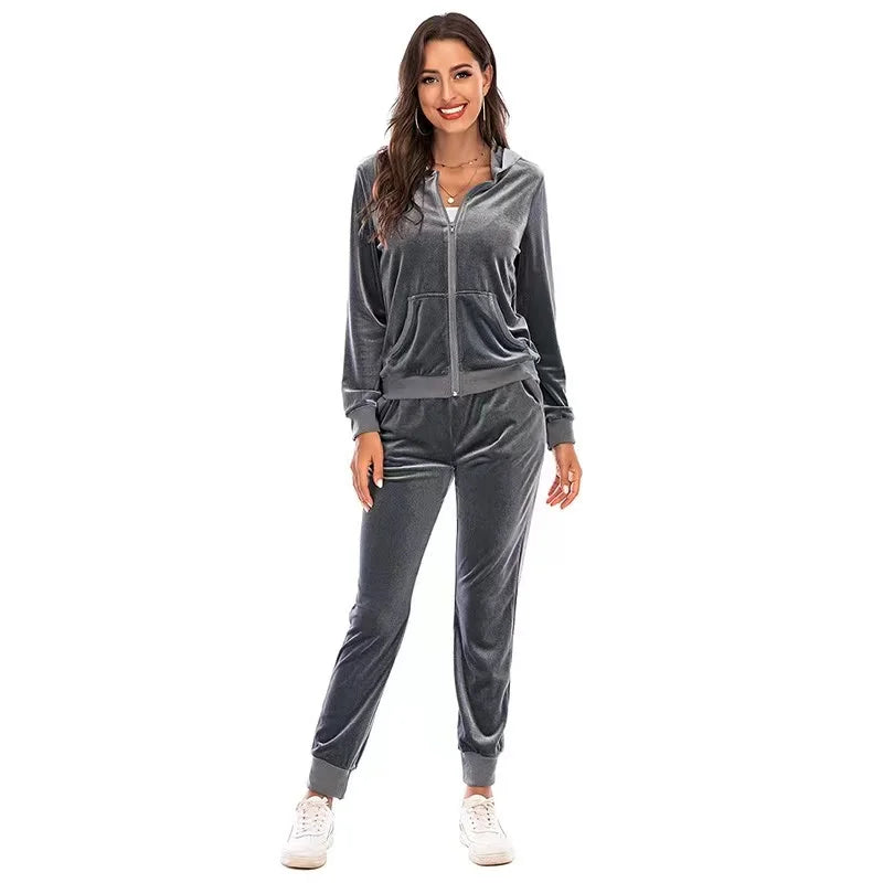 2024 Autumn Velvet Tracksuit Womens 2 Piece Sweatshirt Sweatpants Set Full Zip Hoodie Sweatsuit With Pockets Casual Sportswear