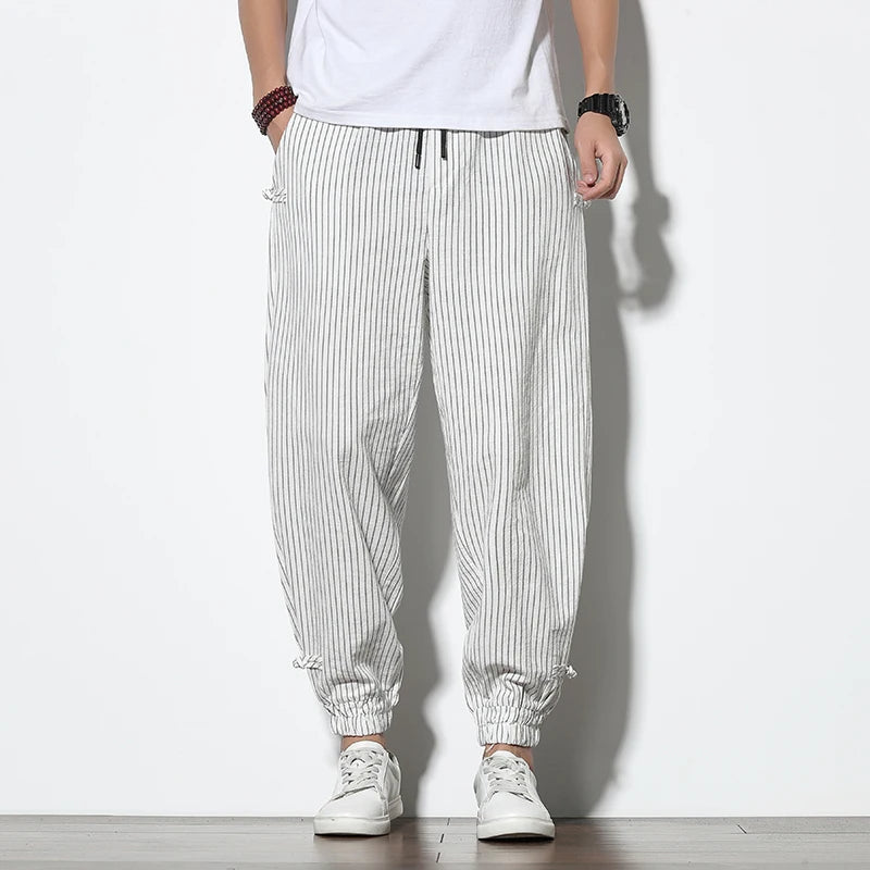 Pantalon sarouel d'été à rayures fines de style japonais pour hommes, en coton, à la mode, avec boucle à disque, respirant, en lin, grande taille 5XL