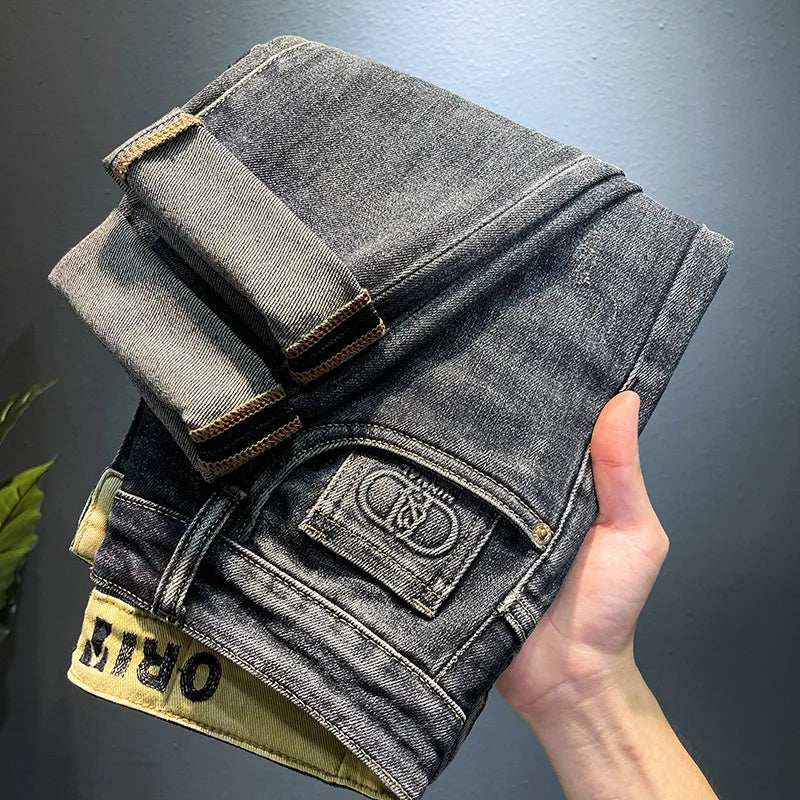 Imitation vieux jean pour homme, broderie haut de gamme, tendance, pantalon pour homme, ample, extensible, slim, jambe droite, denim