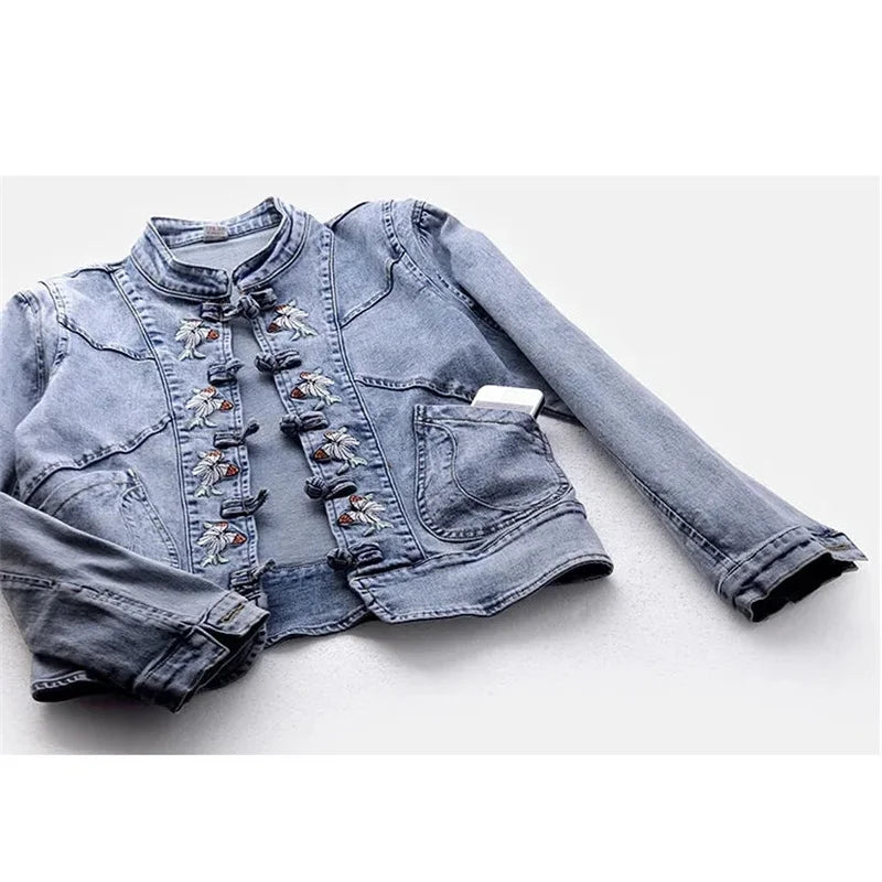 Women's Denim Jacket 2024 Spring Autumn Streetwear Long Sleeve Embroidery Ladies Jean Jackets Loose Short Outwear Femme