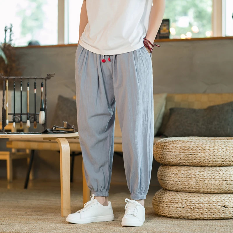 Pantalons en coton et chanvre pour hommes, taille M à 5XL, printemps et automne 2025, nouveaux pantalons lanternes amples à cordon de serrage, pantalons Haren, pantalons décontractés japonais