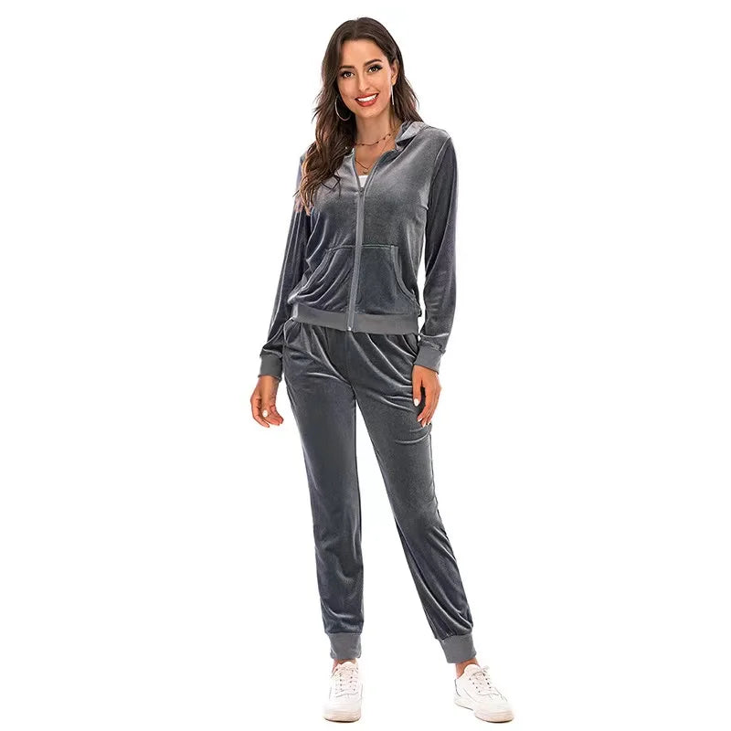 2024 Autumn Velvet Tracksuit Womens 2 Piece Sweatshirt Sweatpants Set Full Zip Hoodie Sweatsuit With Pockets Casual Sportswear