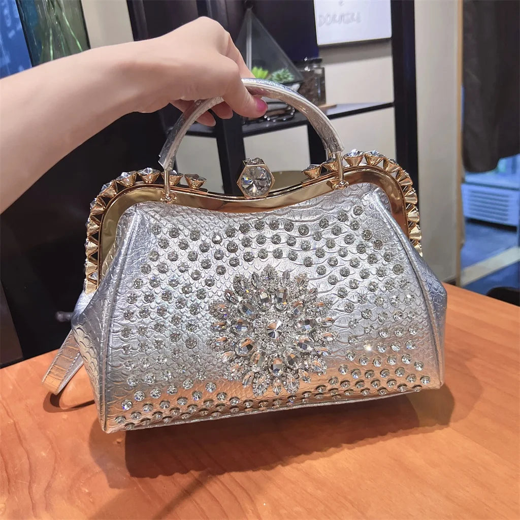 New Rhinestones Top-handle Bags For Women PU Leather Luxury Handbags Women Frame Designer Ladies Crossbody Bag Sac A Main