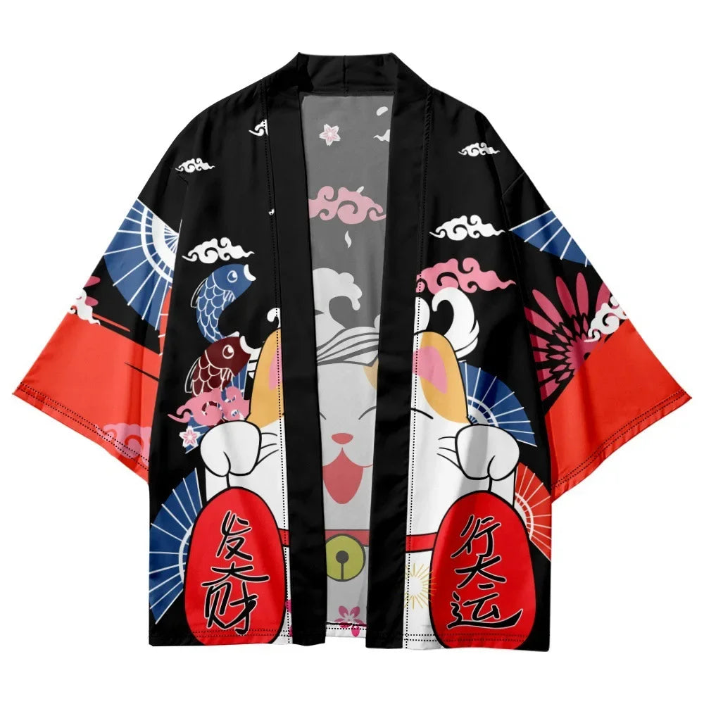 Kimono Japonais Sakura Chat Samouraï Imprimé Pour Hommes Femmes, Haori Cardiganc