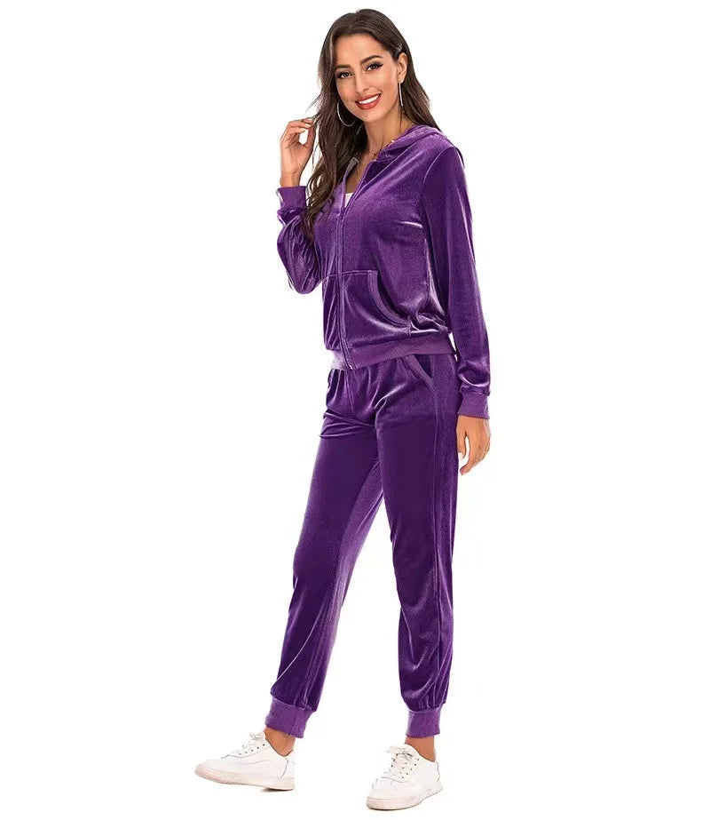 2024 Autumn Velvet Tracksuit Womens 2 Piece Sweatshirt Sweatpants Set Full Zip Hoodie Sweatsuit With Pockets Casual Sportswear