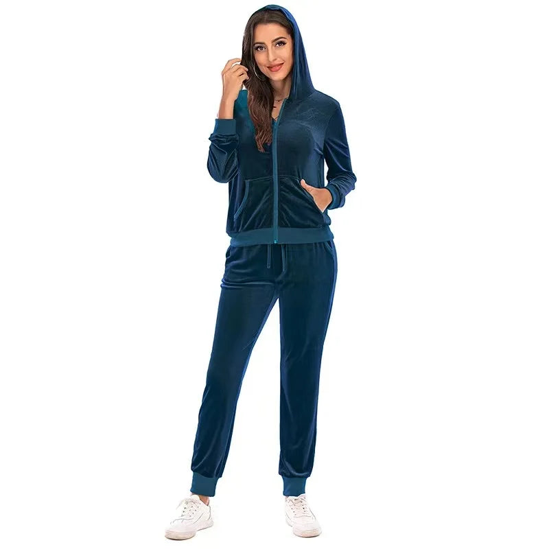 2024 Autumn Velvet Tracksuit Womens 2 Piece Sweatshirt Sweatpants Set Full Zip Hoodie Sweatsuit With Pockets Casual Sportswear