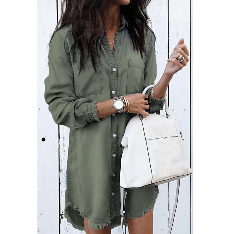 Summer Y2k Women Denim Shirt Dress Vintage Blue Jean Blouses Casual Long Sleeve Ladies Tops Blouse Femme Mini Dress Short Dresse