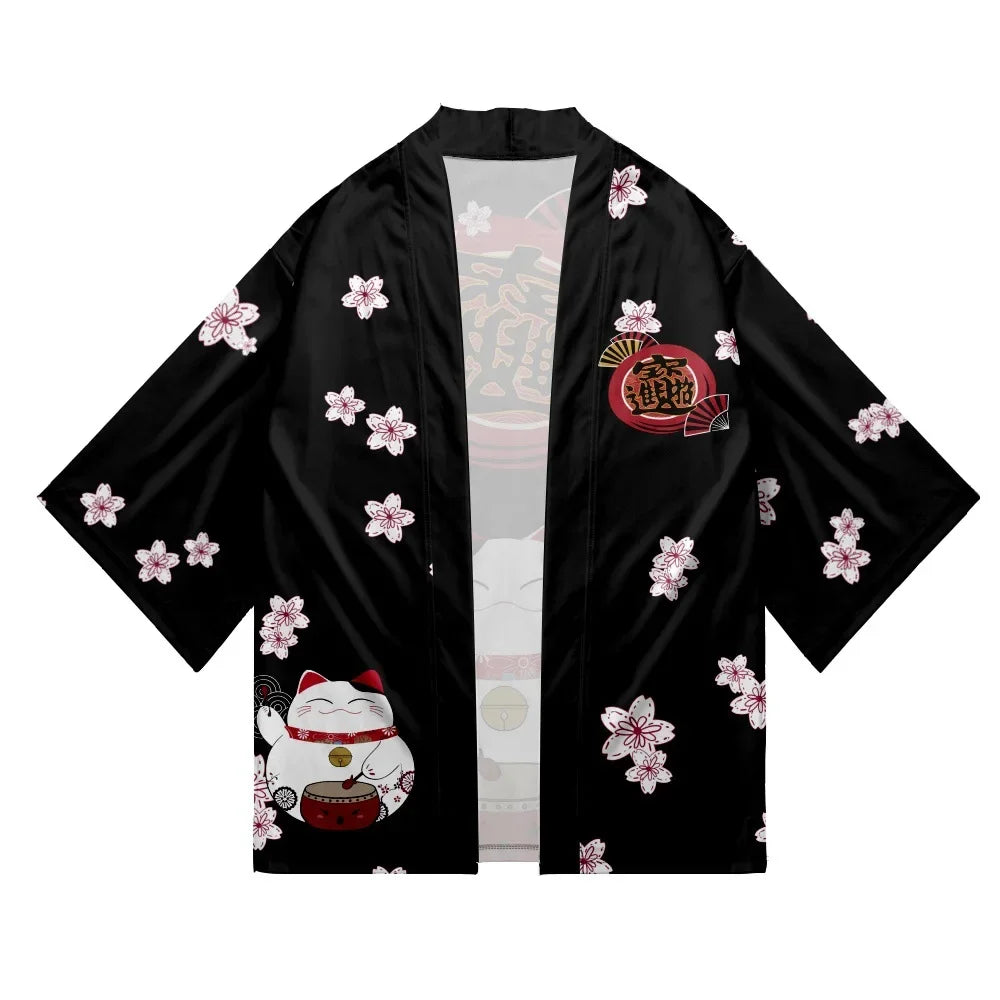 Kimono Japonais Sakura Chat Samouraï Imprimé Pour Hommes Femmes, Haori Cardiganc