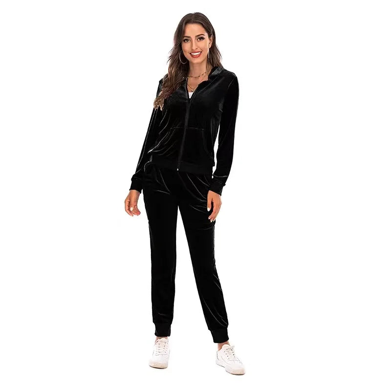 2024 Autumn Velvet Tracksuit Womens 2 Piece Sweatshirt Sweatpants Set Full Zip Hoodie Sweatsuit With Pockets Casual Sportswear