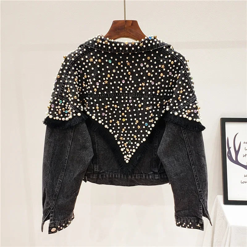2024 New Mujer Spring Autumn Streetwear Denim Jacket Women Hand-studded Pearls Punk Tassel Veste Femme Loose Short Jeans Coats