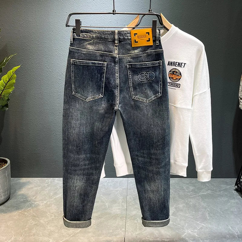 Imitation vieux jean pour homme, broderie haut de gamme, tendance, pantalon pour homme, ample, extensible, slim, jambe droite, denim