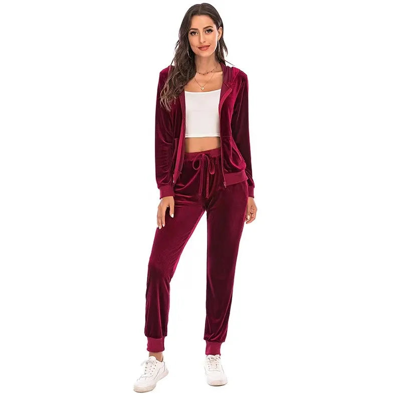 2024 Autumn Velvet Tracksuit Womens 2 Piece Sweatshirt Sweatpants Set Full Zip Hoodie Sweatsuit With Pockets Casual Sportswear