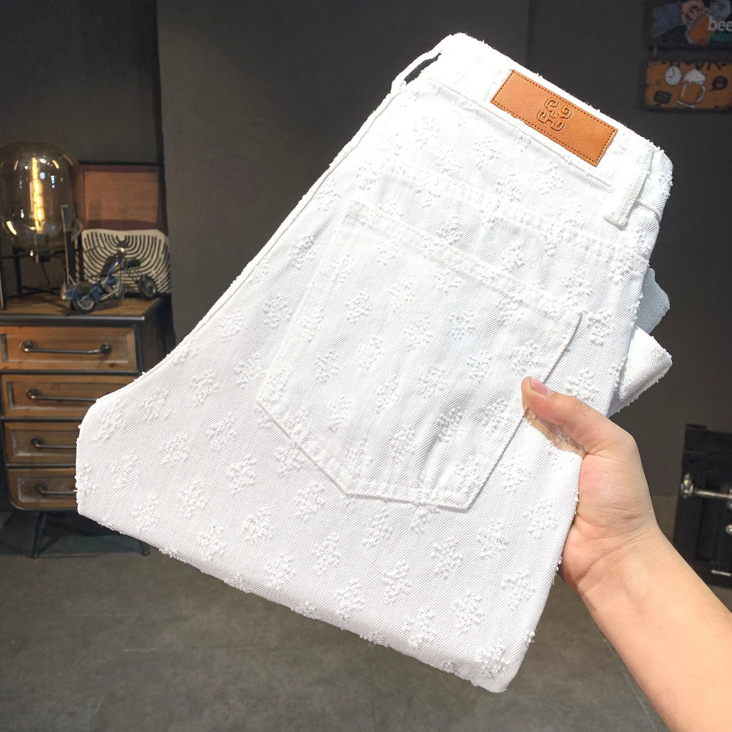 Jean jacquard noir américain pour homme, déchiré, délavé, coupe ample, décontracté