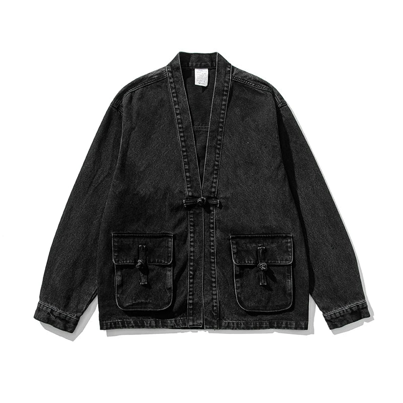 Denim Kimono Jacket Men Fashion Casual Jeans Jackets Coats Male Chinese Style Button Denim Jacket Vintage Hip Hop Loose Outwear