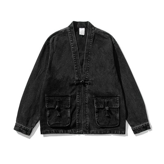 Denim Kimono Jacket Men Fashion Casual Jeans Jackets Coats Male Chinese Style Button Denim Jacket Vintage Hip Hop Loose Outwear