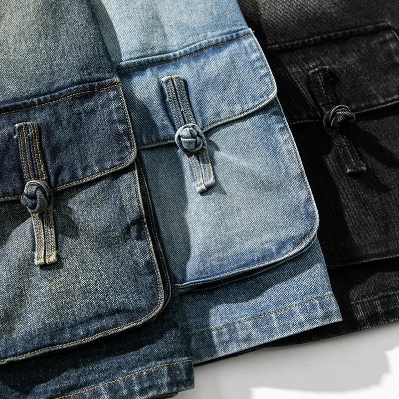 Denim Kimono Jacket Men Fashion Casual Jeans Jackets Coats Male Chinese Style Button Denim Jacket Vintage Hip Hop Loose Outwear