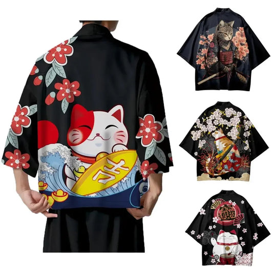 Kimono Japonais Sakura Chat Samouraï Imprimé Pour Hommes Femmes, Haori Cardiganc