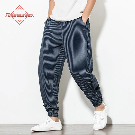 Pantalon sarouel d'été à rayures fines de style japonais pour hommes, en coton, à la mode, avec boucle à disque, respirant, en lin, grande taille 5XL
